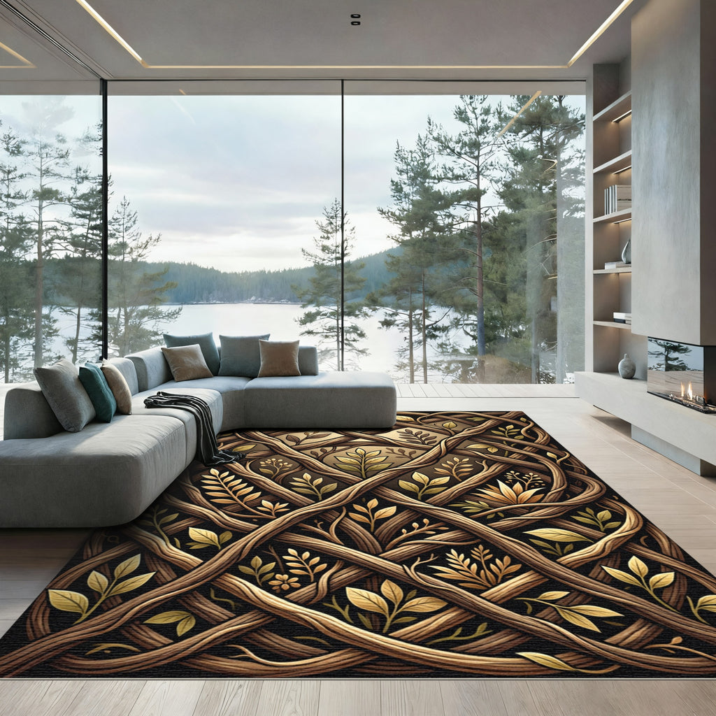 Brown Intertwined Wood Leaf Pattern Rug