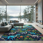 Vibrant Blue Dinosaur Jungle Landscape Rug