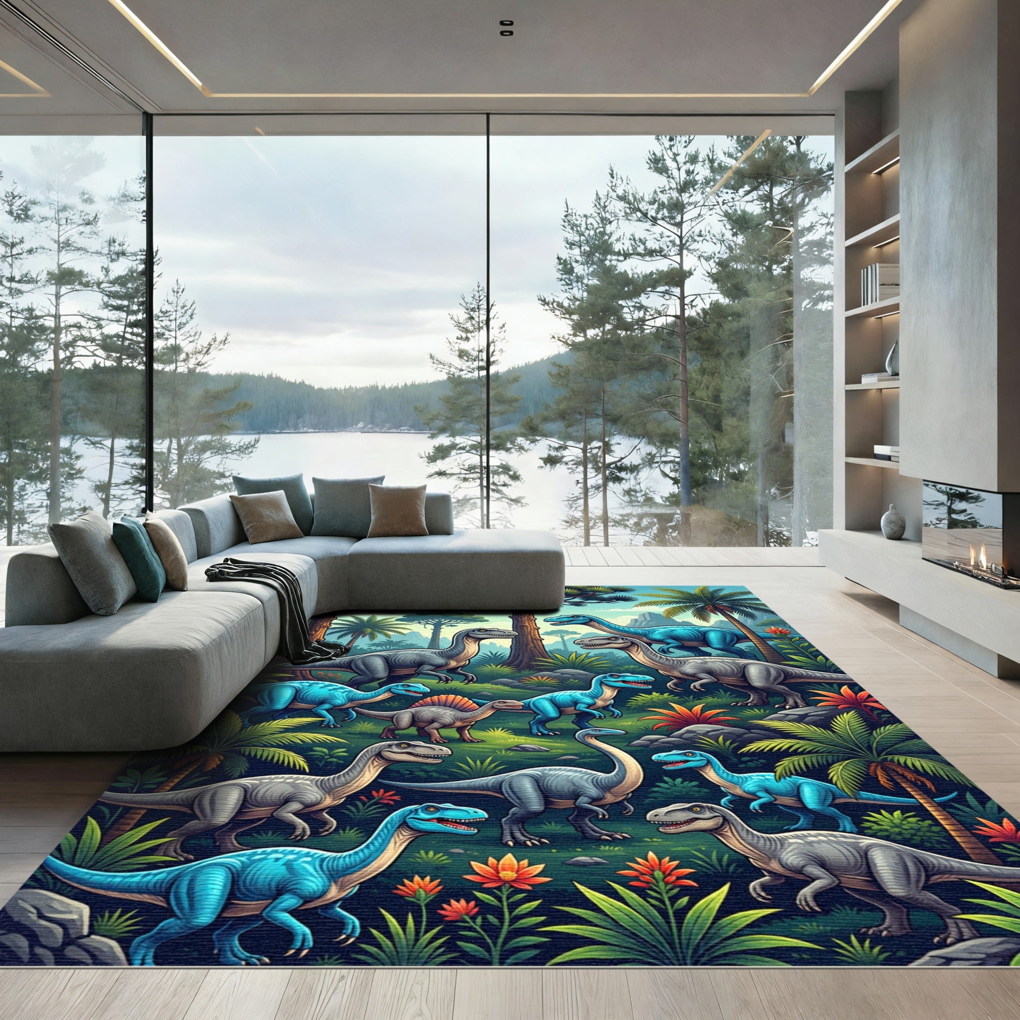 Vibrant Blue Dinosaur Jungle Landscape Rug
