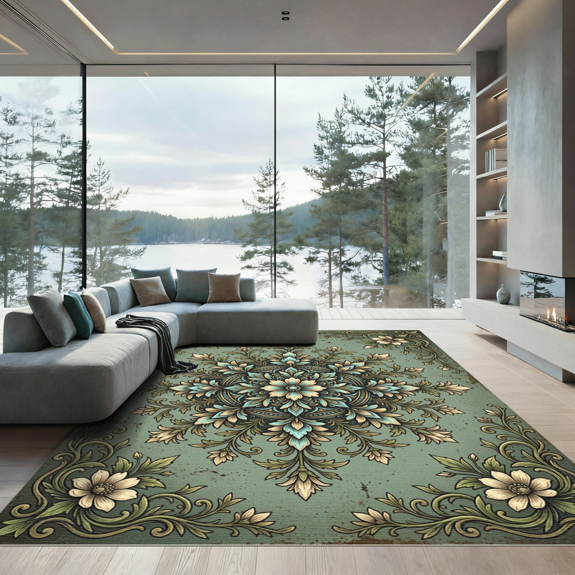 Vintage Teal Floral Medallion Scroll Rug