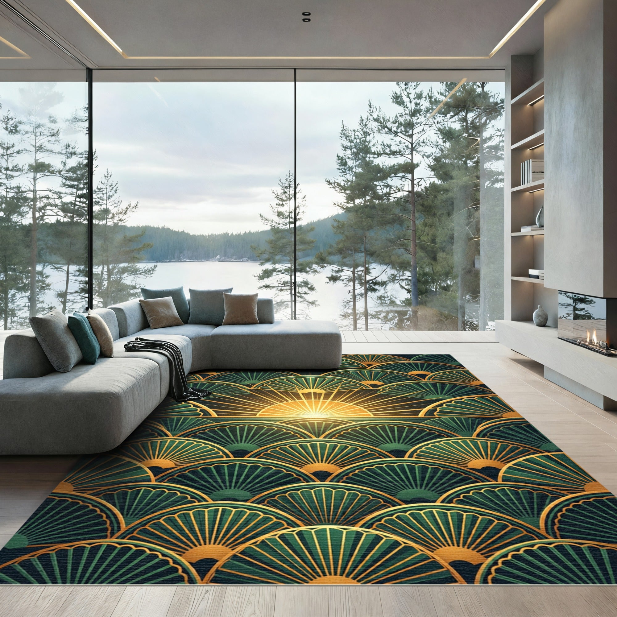 Art Deco Emerald Fan Sunburst Rug