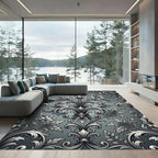 Intricate Silver Blooming Acanthus Scrollwork Rug
