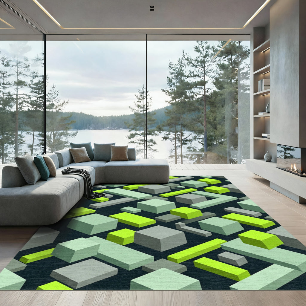 Mint Green Isometric Blocks Pattern Rug