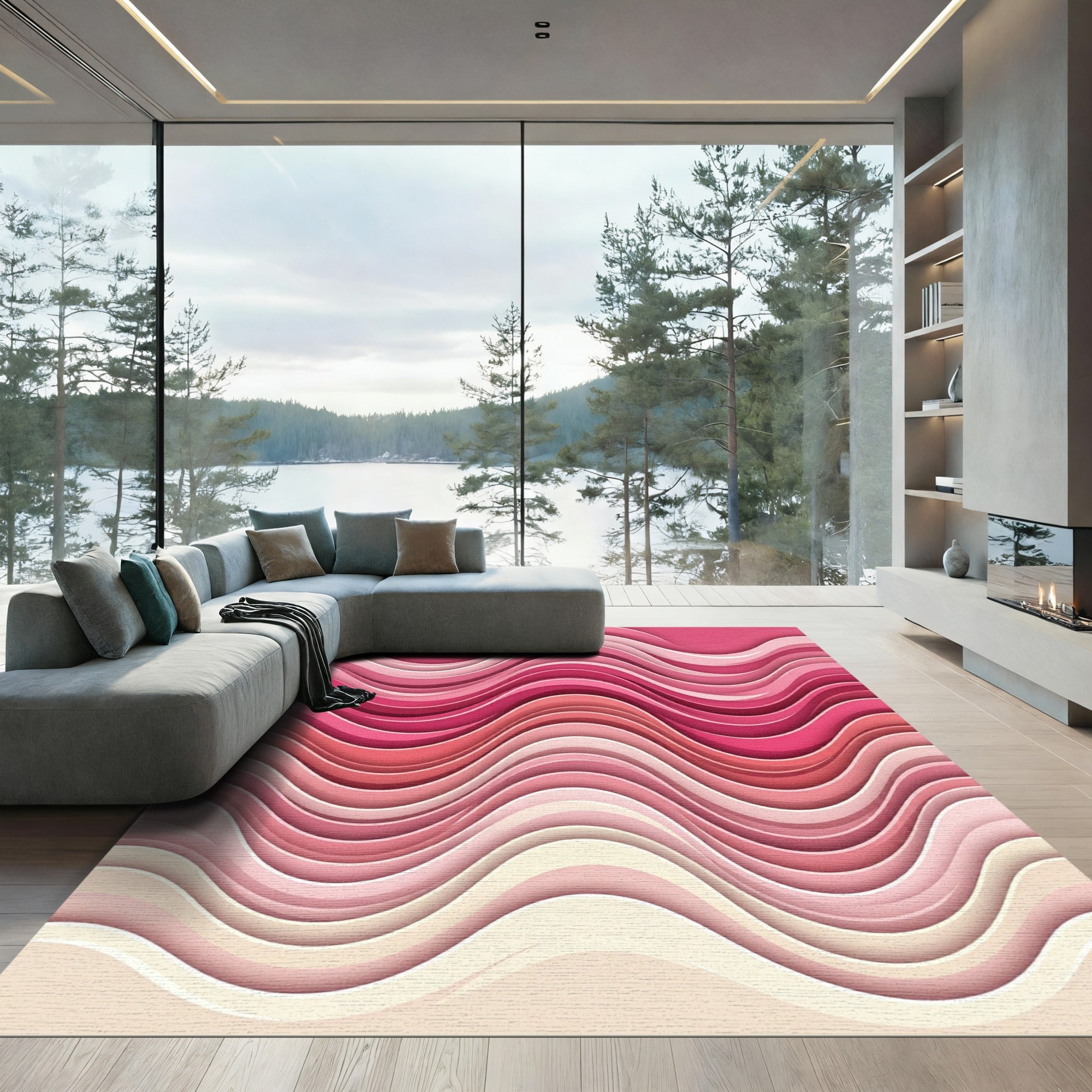 Abstract Wavy Pink Gradient Curves Rug