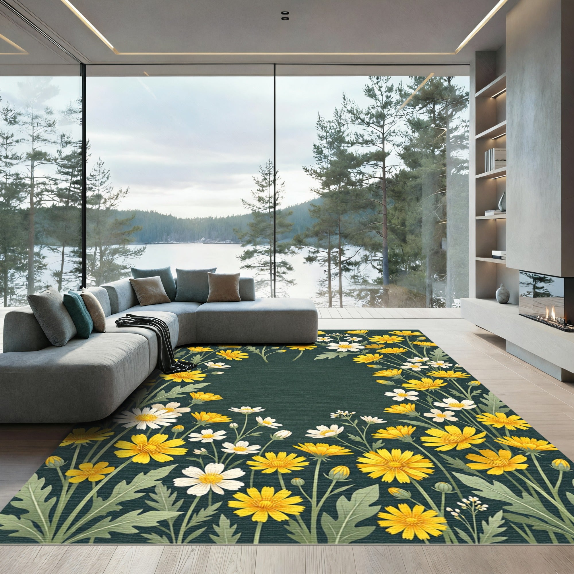 Golden Daisy Wildflower Dark Meadow Rug