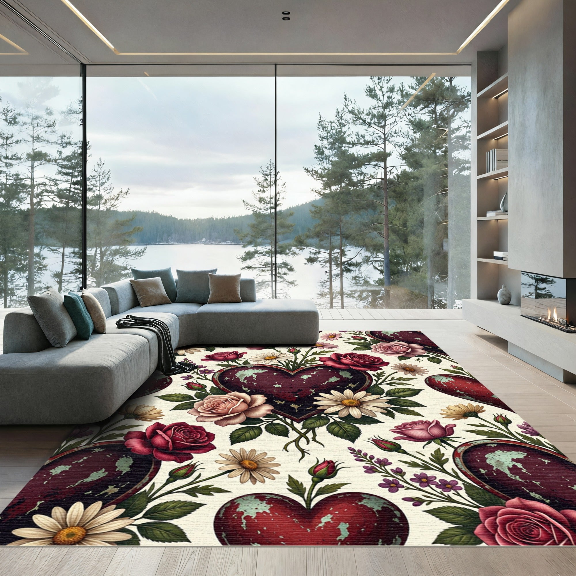 Distressed Antique Heart Floral Meadow Rug