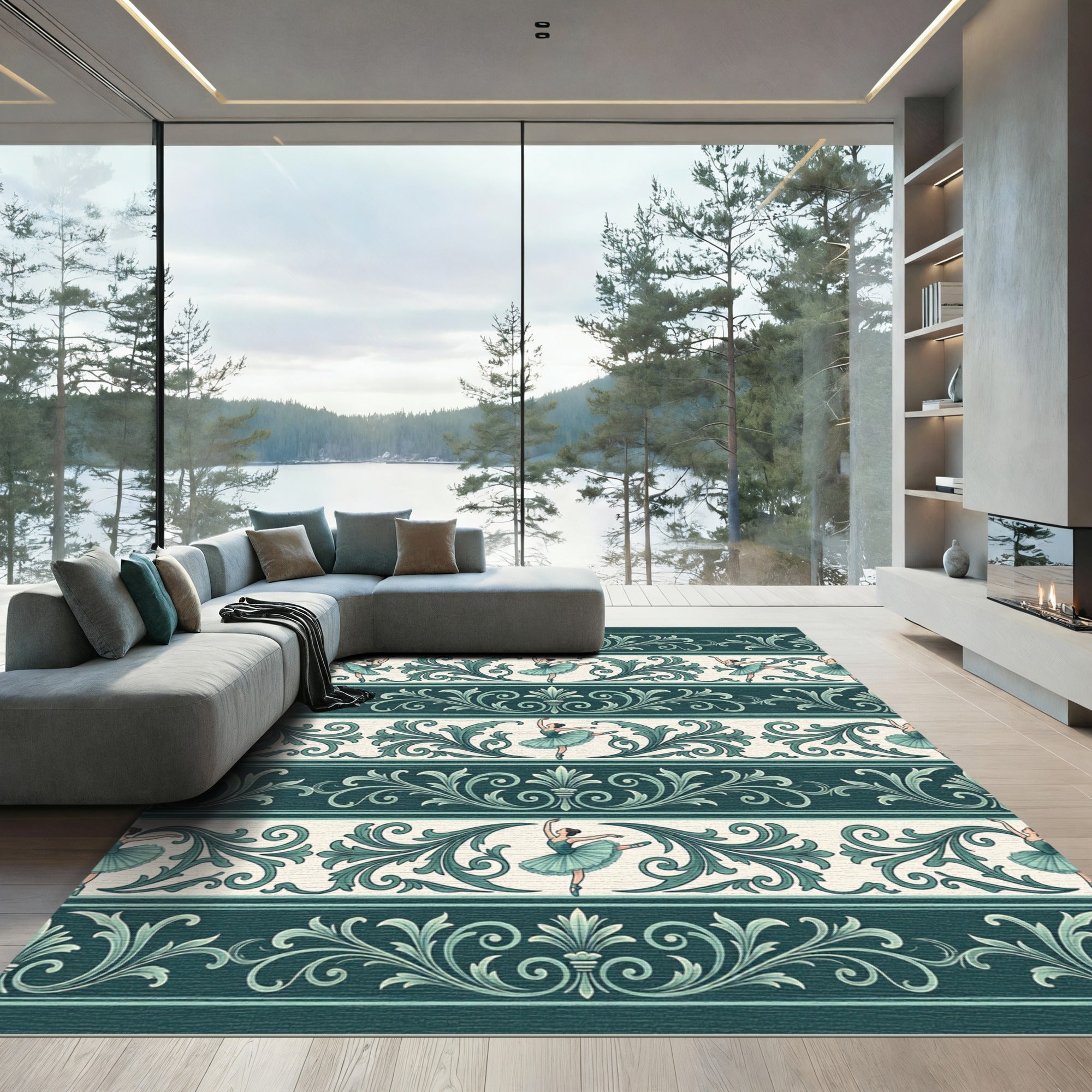 Elegant Teal Ballerina Damask Scroll Rug