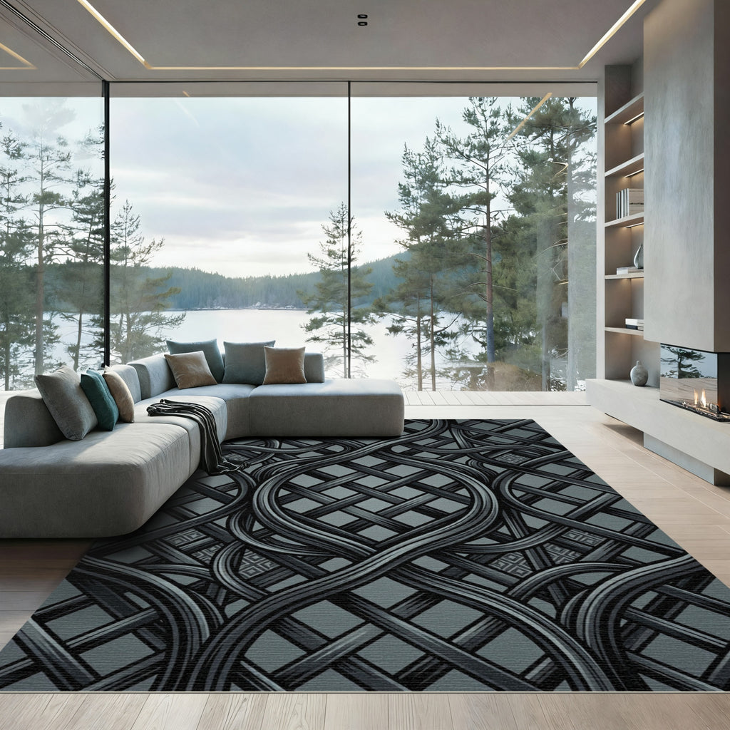 Sophisticated Charcoal Woven Interlocking Lattice Rug