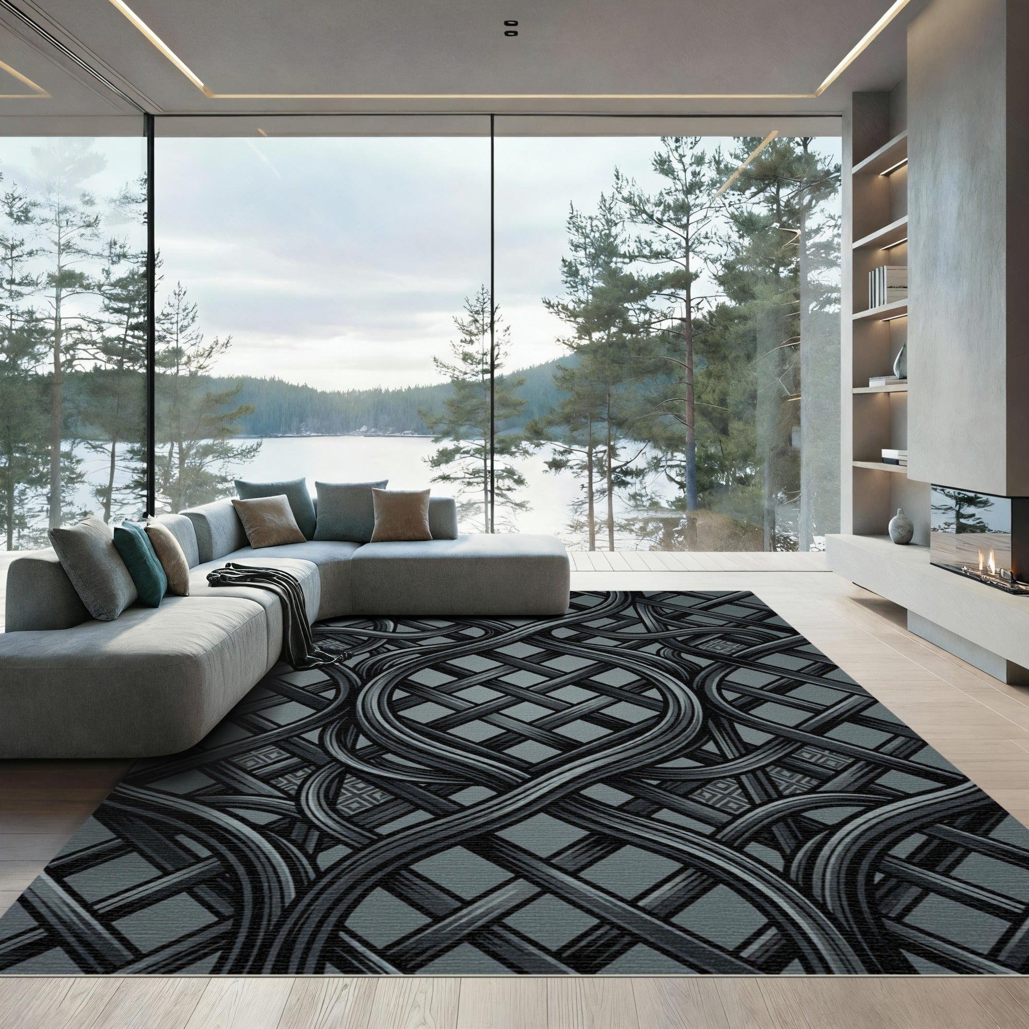 Sophisticated Charcoal Woven Interlocking Lattice Rug