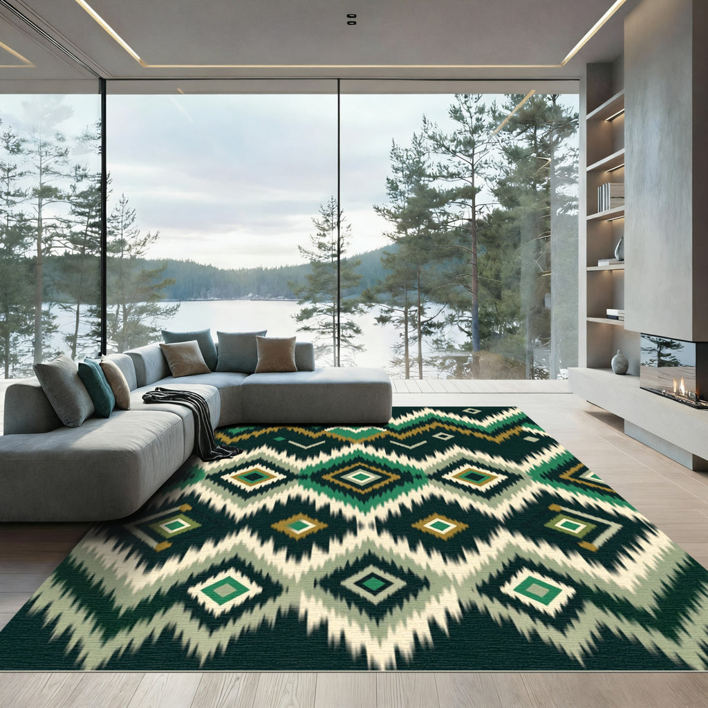 Emerald Green Tribal Diamond Zigzag Rug