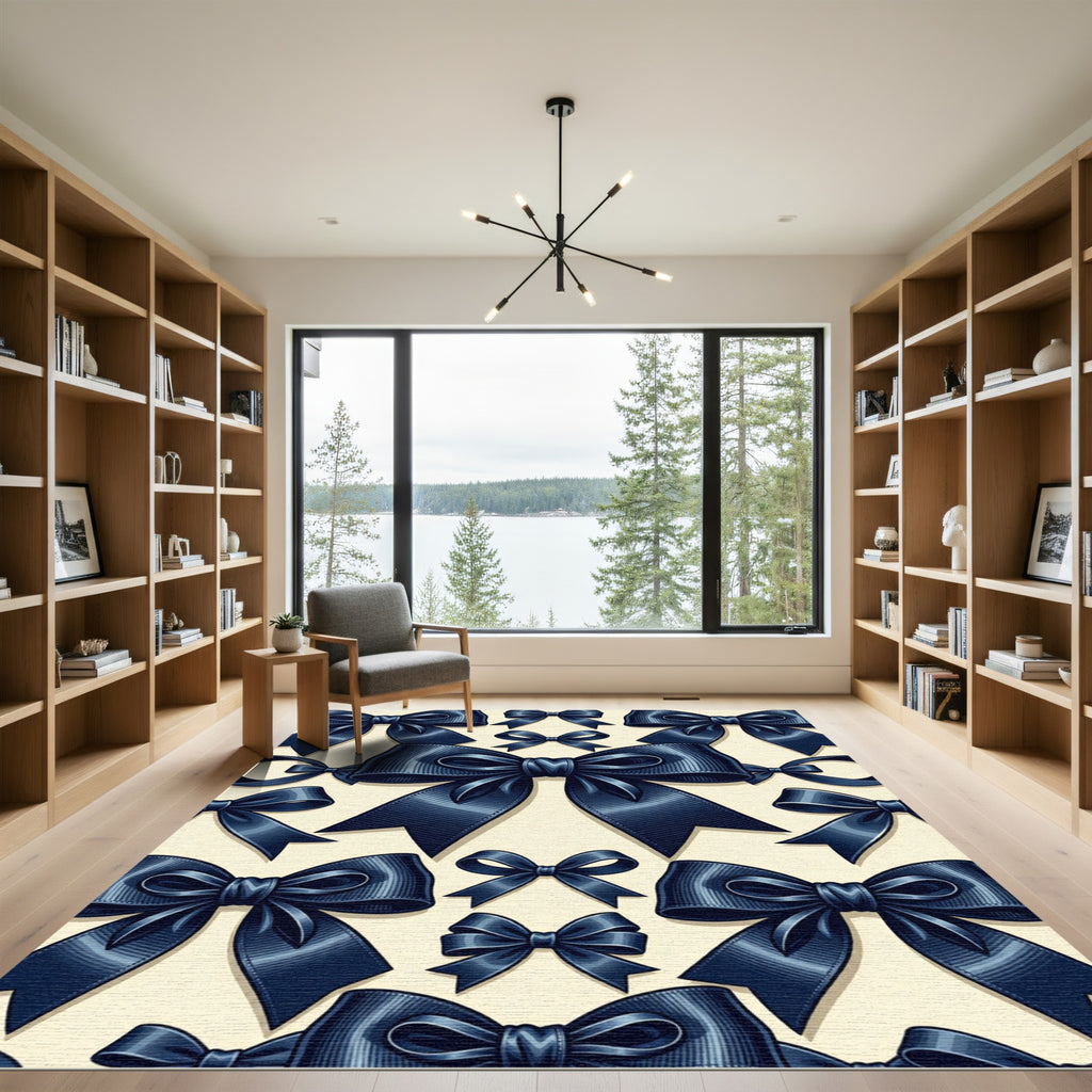 Elegant Navy Bow Ribbon Graphic Rug