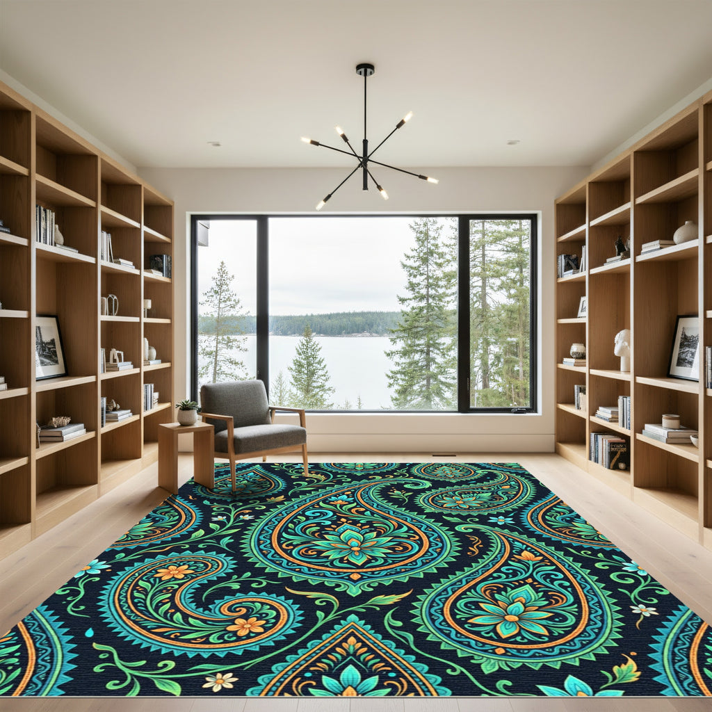 Teal and Golden Ornate Paisley Swirl Rug