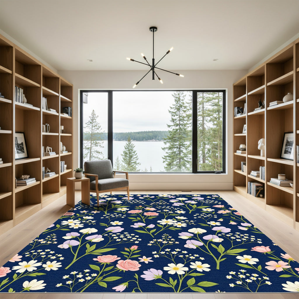 Pink White Floral Sprig Navy Rug