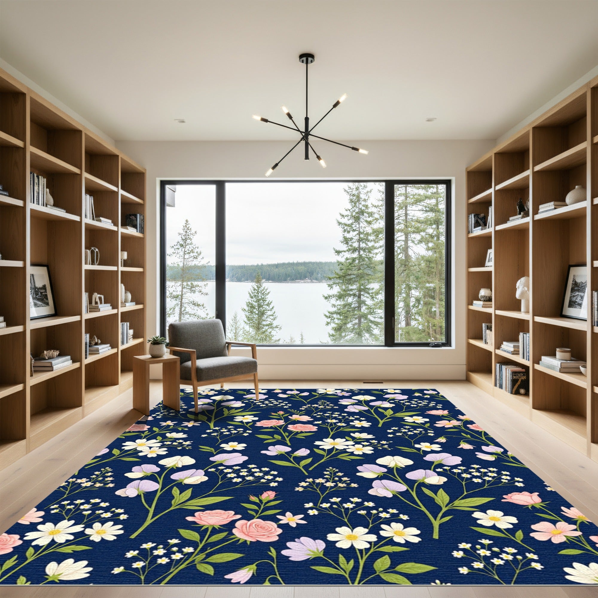 Pink White Floral Sprig Navy Rug