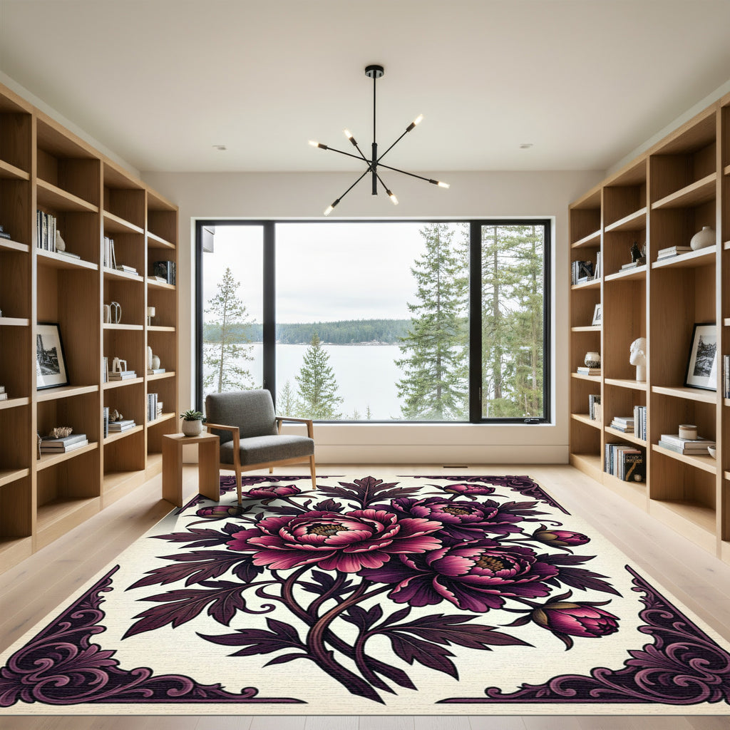 Dark Plum Peony Floral Framed Ornament Rug