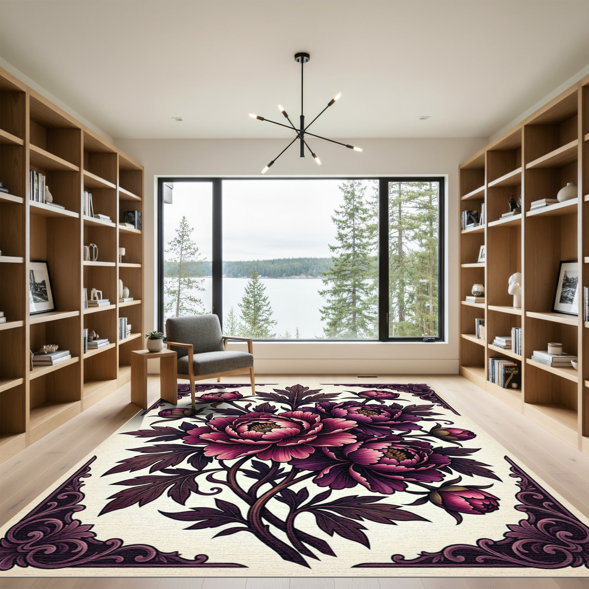 Dark Plum Peony Floral Framed Ornament Rug