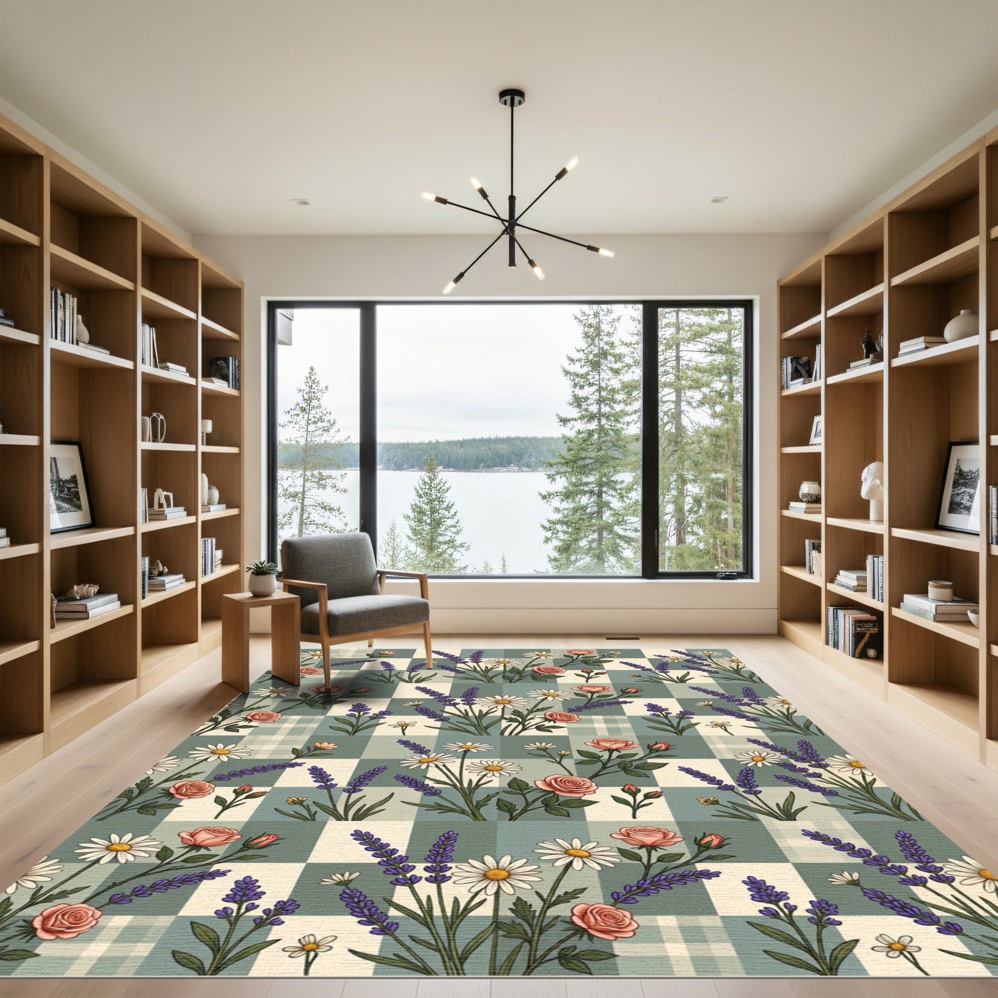 Sage Gingham Rose and Lavender Garden Rug