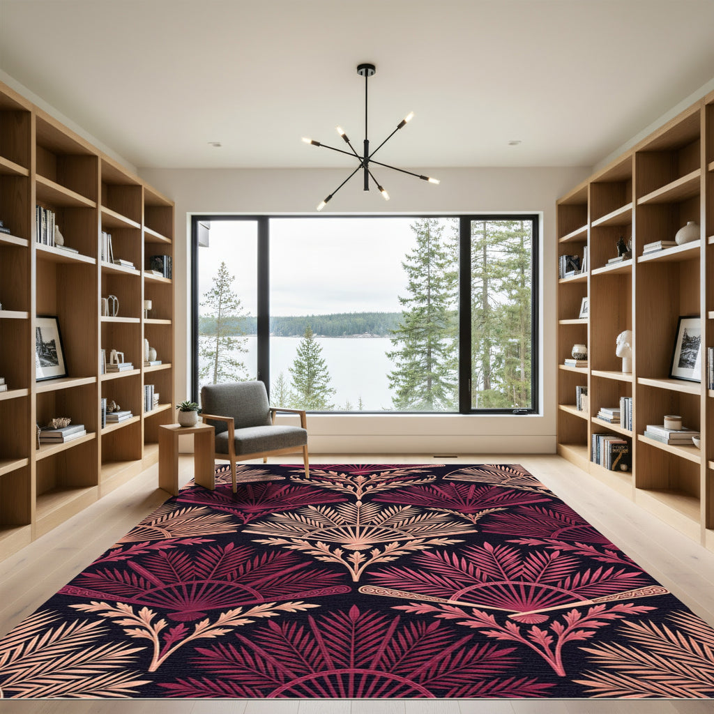 Art Deco Crimson Fan Leaf Garland Rug