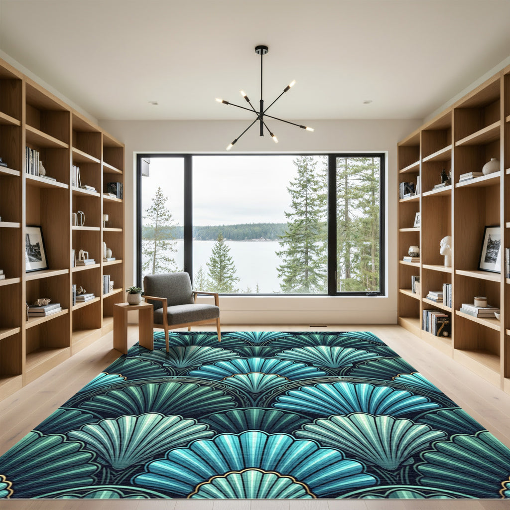 Teal Blue Scallop Fan Arrangement Rug