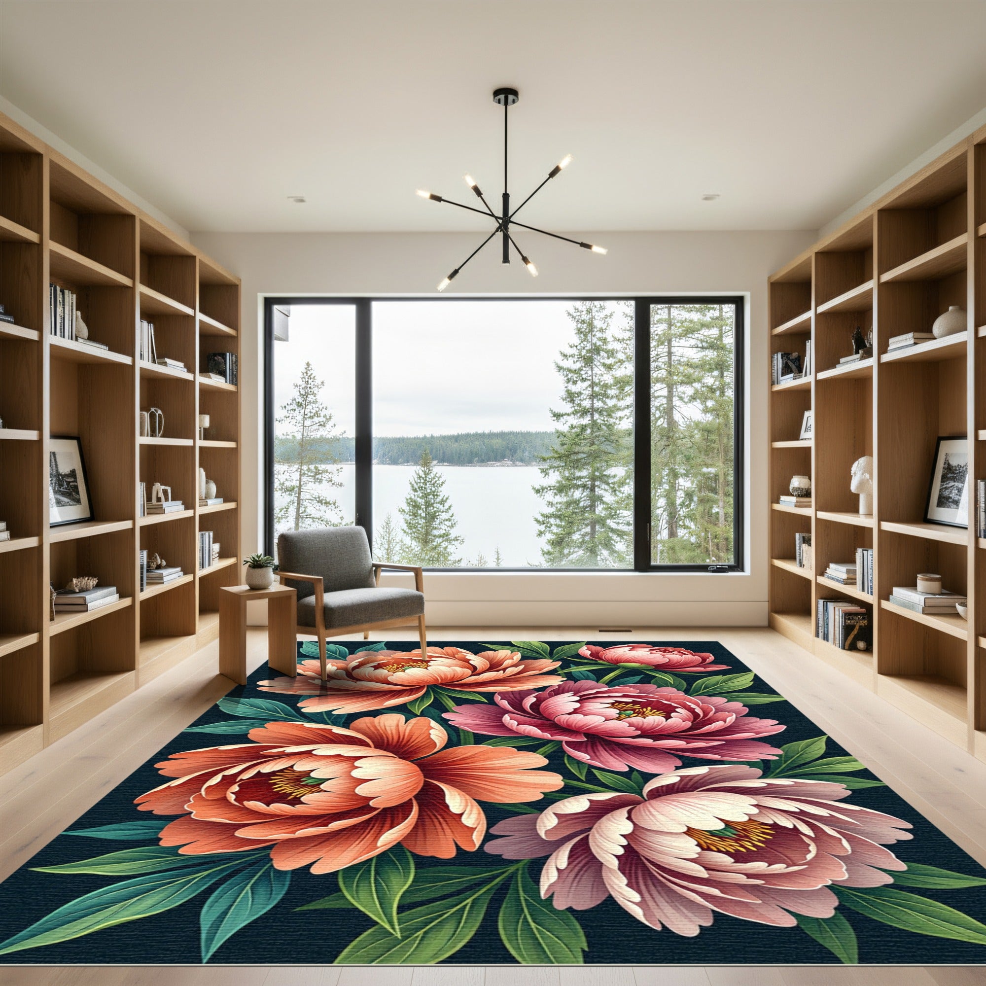 Coral Pink Peonies Verdant Foliage Rug