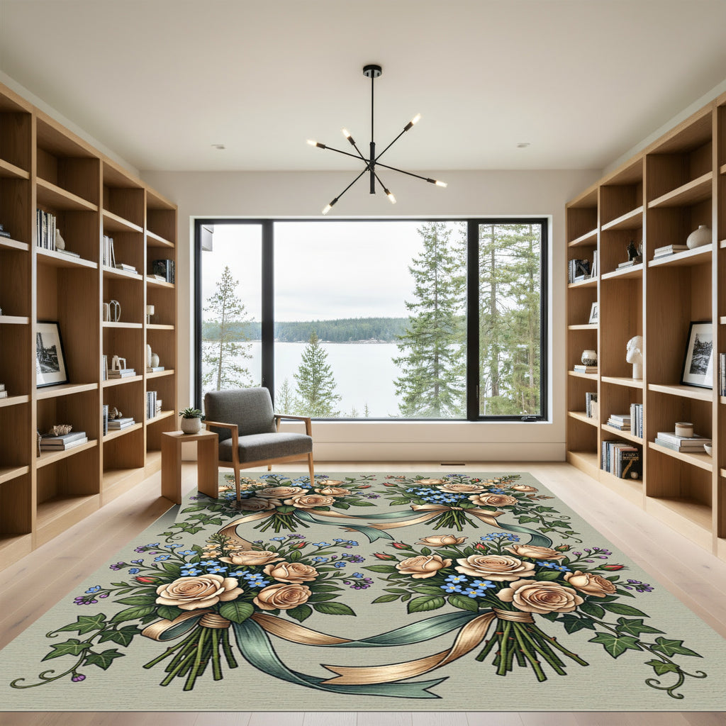 Elegant Champagne Rose Bouquet Floral Rug