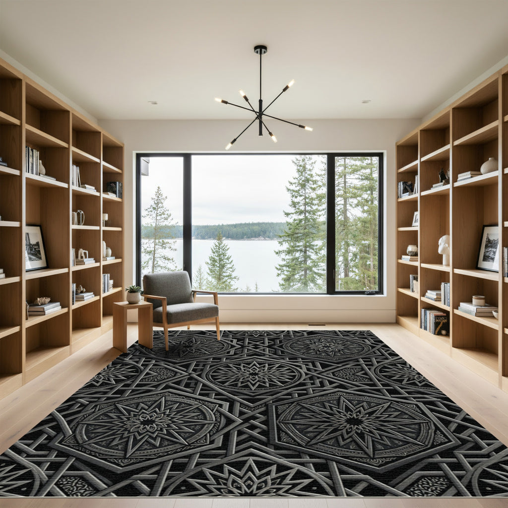 Monochromatic Geometric Star Mandala Rug