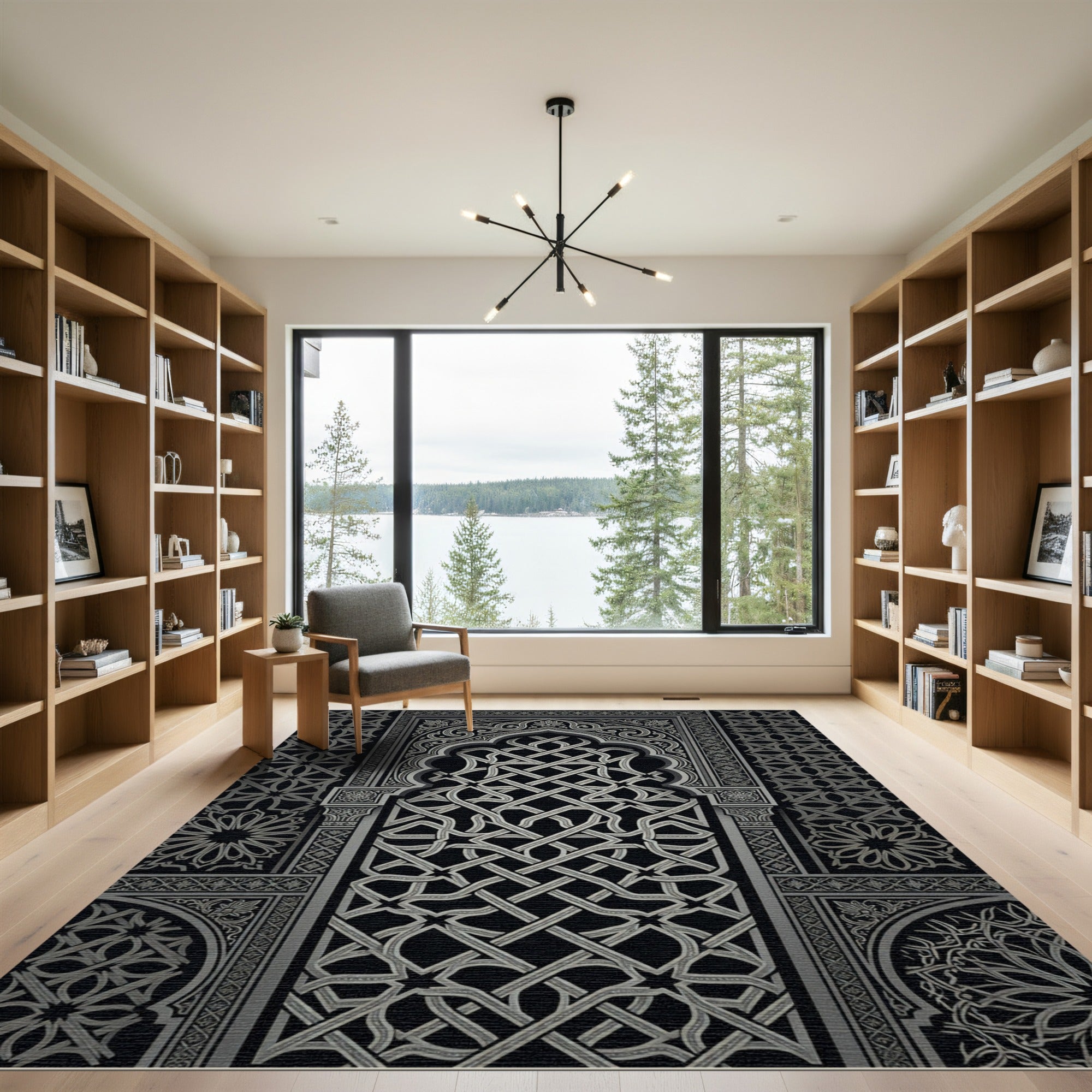 Ornate Silver Interlocking Geometric Arch Rug