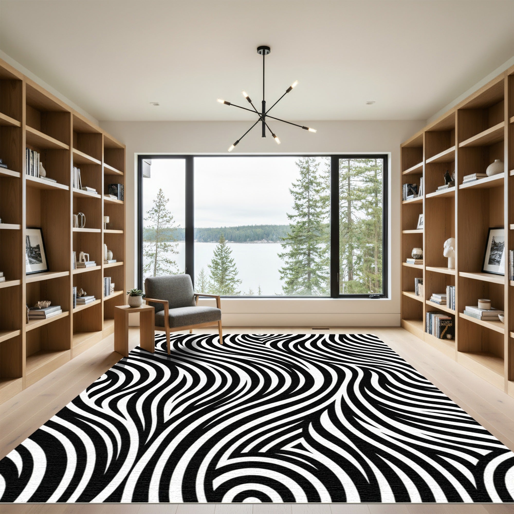 Monochrome Abstract Flowing Wave Lines Rug