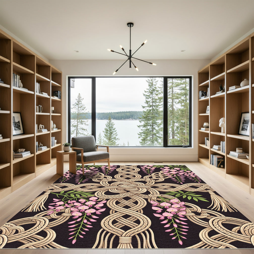 Macrame Wisteria Knot Braided Floral Black Rug