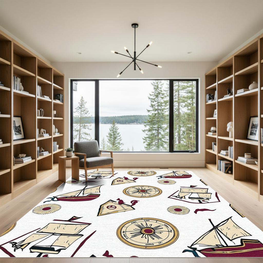 Maroon Sailboat Compass Voyage Print Rug