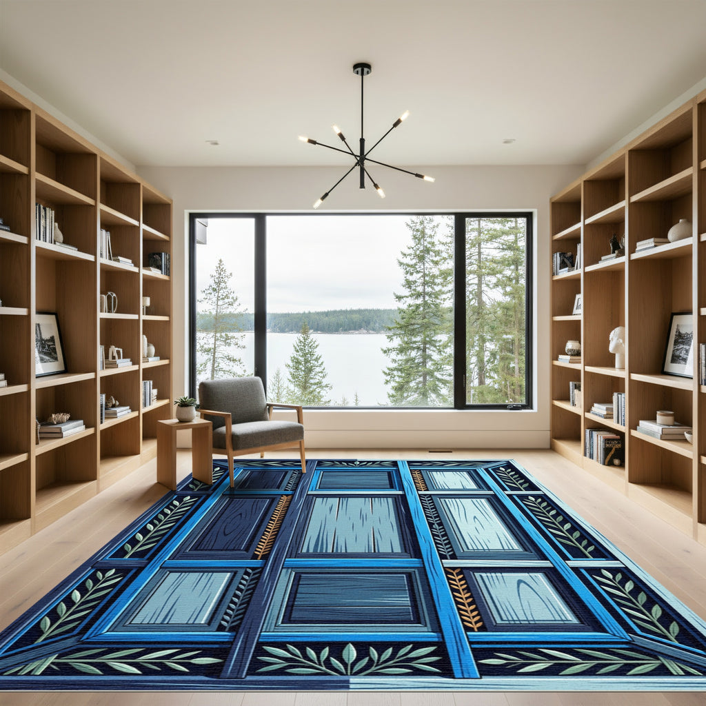Deep Blue Wood Panel Geometric Rug