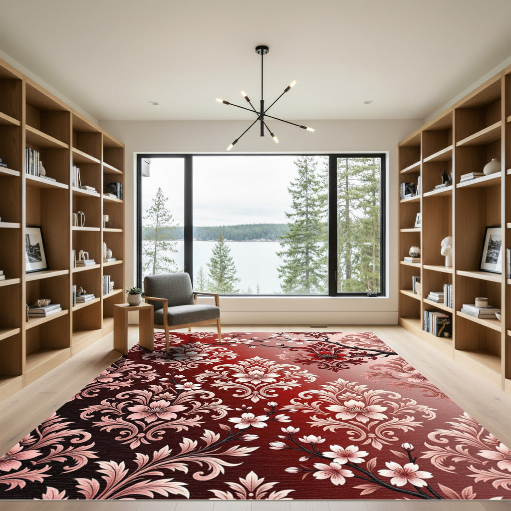 Crimson Red Floral Damask Branch Rug