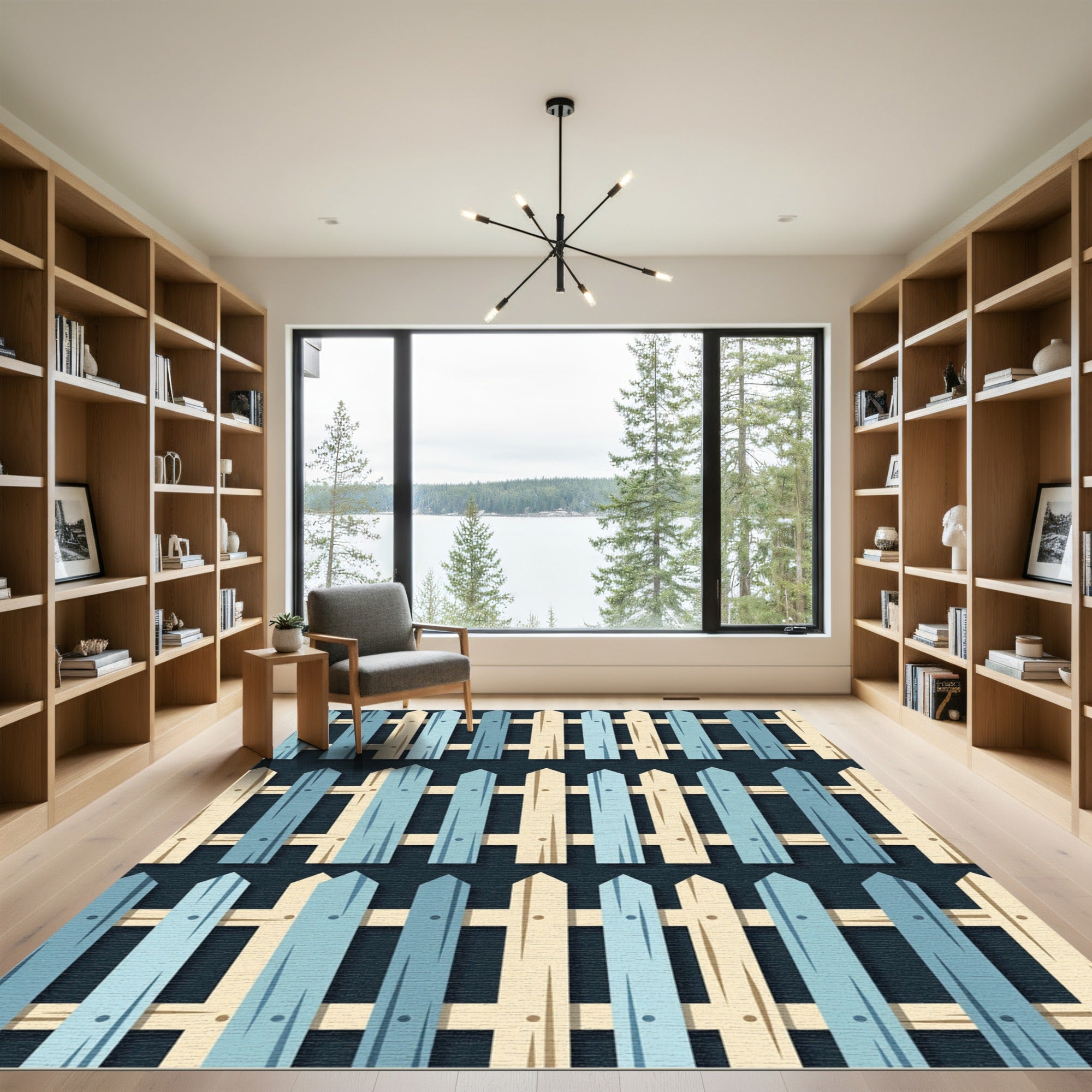 Contemporary Blue and Cream Picket Fence Rug