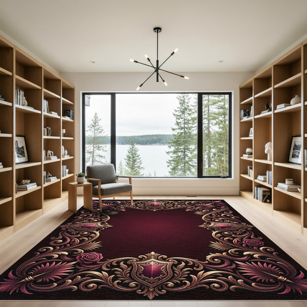 Ornate Red and Gold Crest Flourish Rug