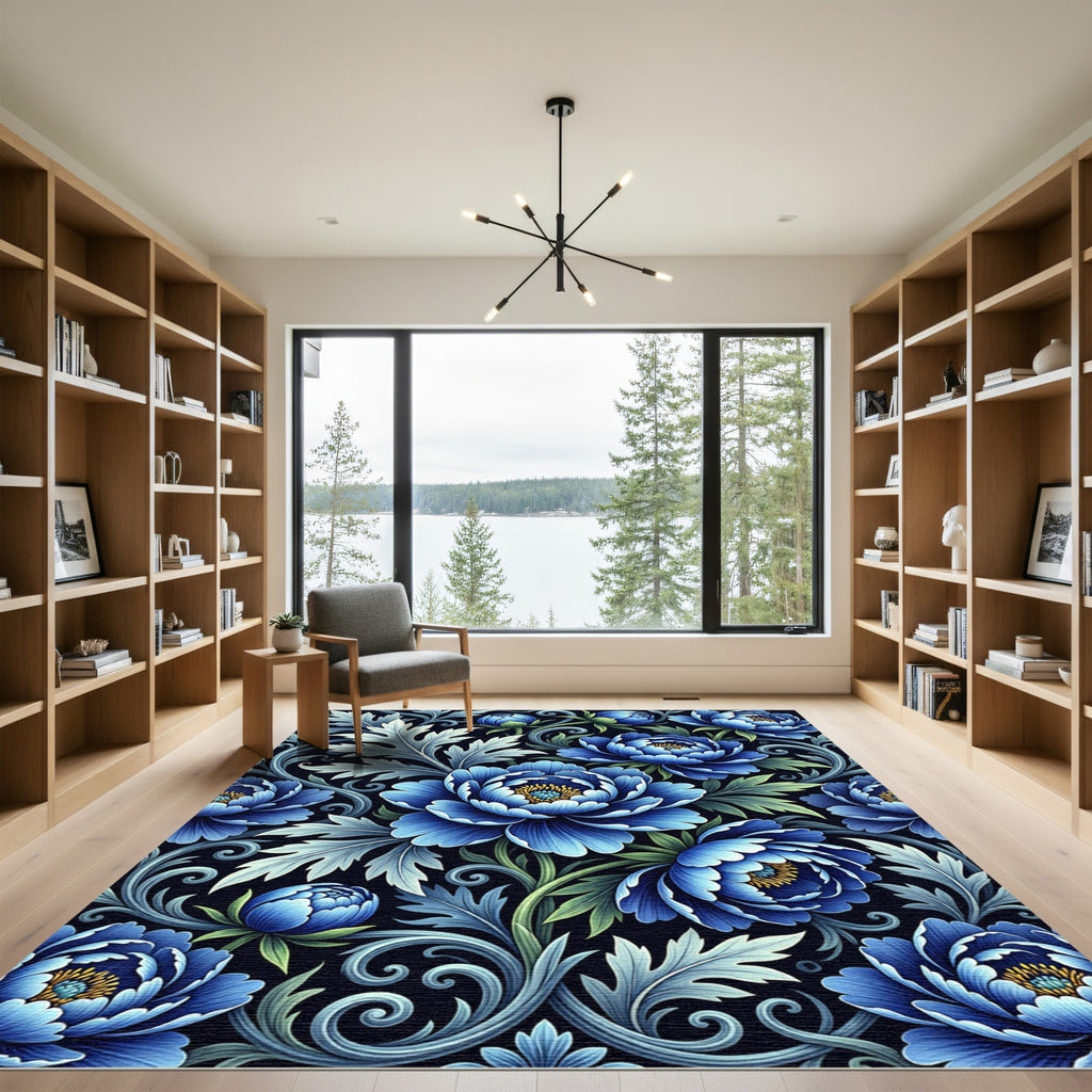 Deep Blue Peony Botanical Floral Art Rug