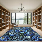 Deep Blue Peony Botanical Floral Art Rug