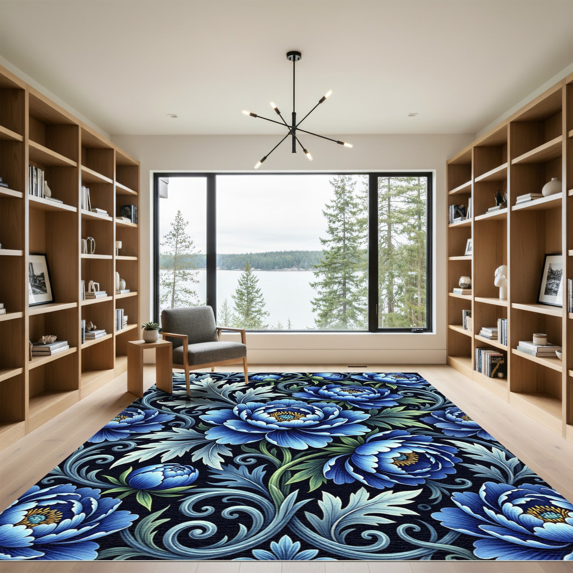 Deep Blue Peony Botanical Floral Art Rug