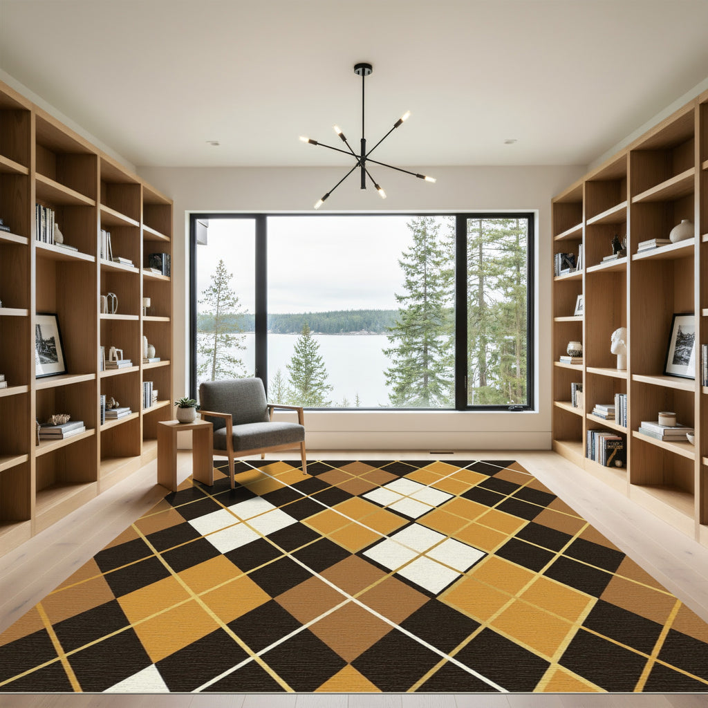Classic Brown and Gold Argyle Grid Rug