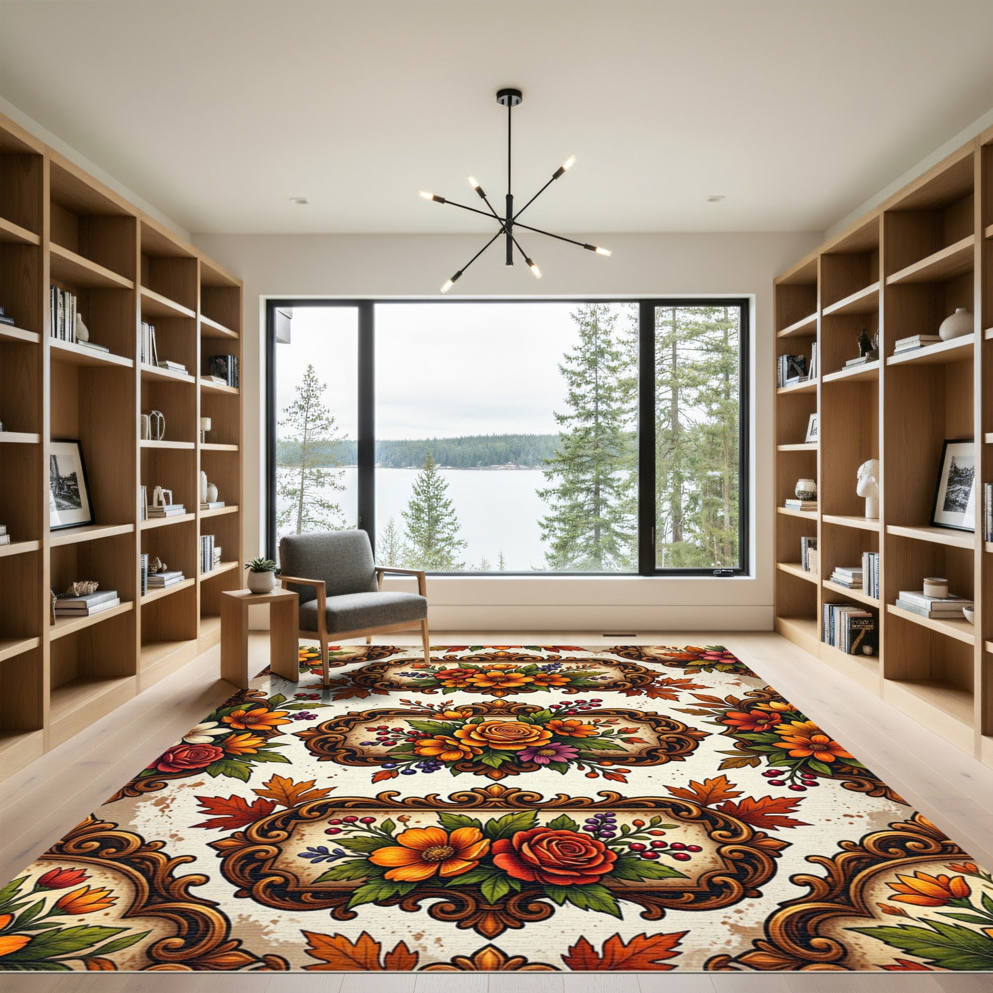 Autumnal Floral Ornate Baroque Frame Rug