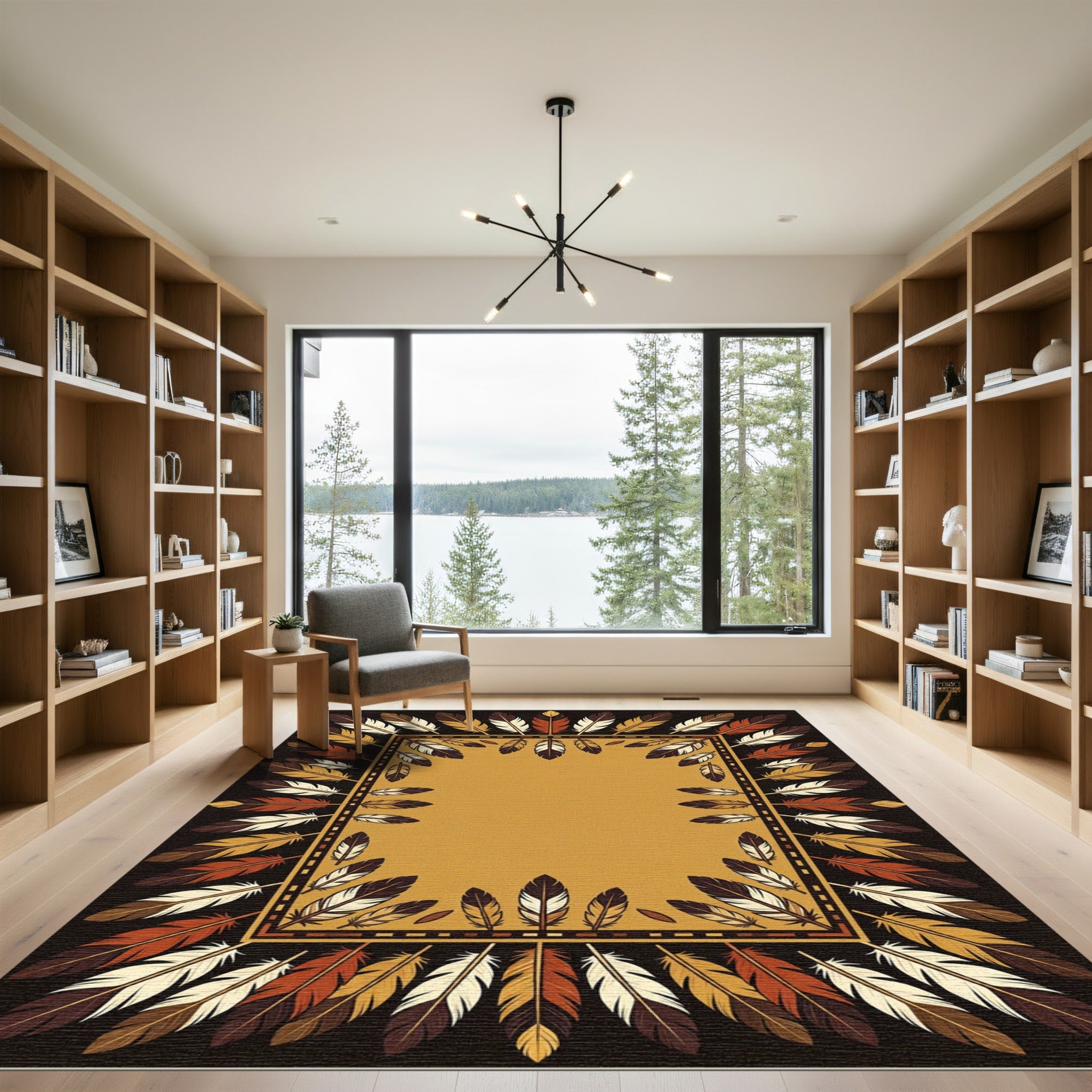 Earthy Feather Bordered Southwestern Area Rug