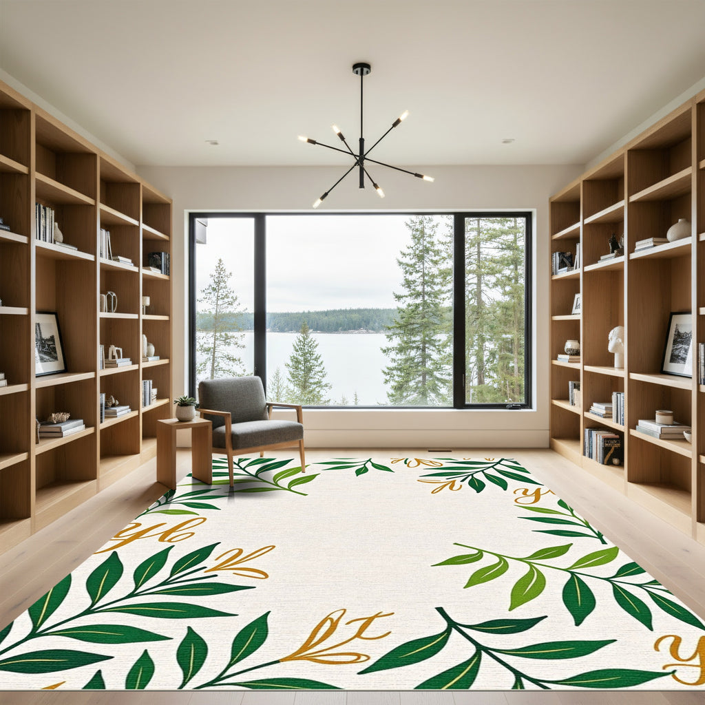 Golden Script Green Leaf Frame Rug