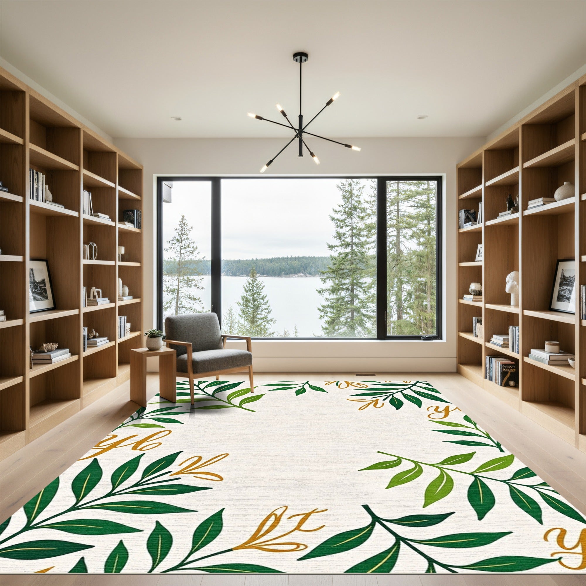 Golden Script Green Leaf Frame Rug