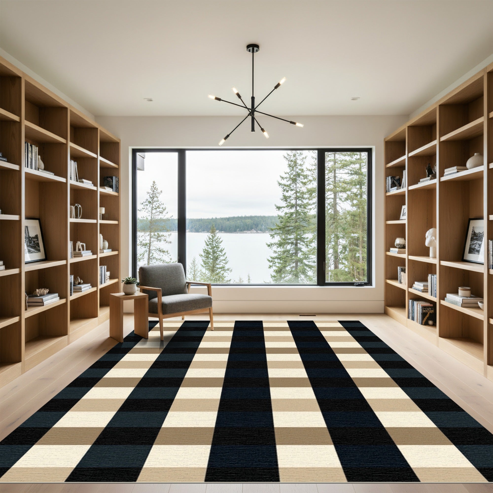 Classic Black Tan Checkered Squares Rug