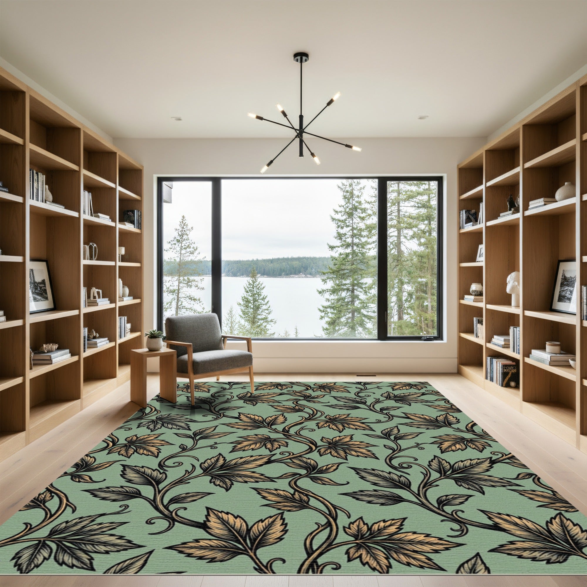 Sage Green Botanical Leaf Scroll Rug