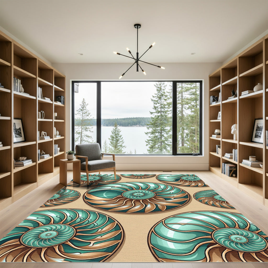 Teal and Gold Spiral Shell Medallion Rug