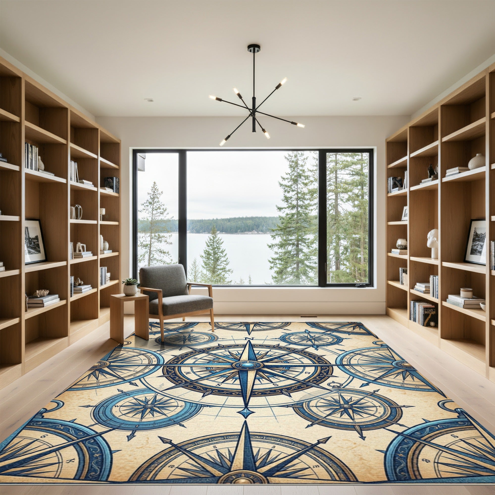 Vintage Nautical Blue Compass Star Medallion Rug