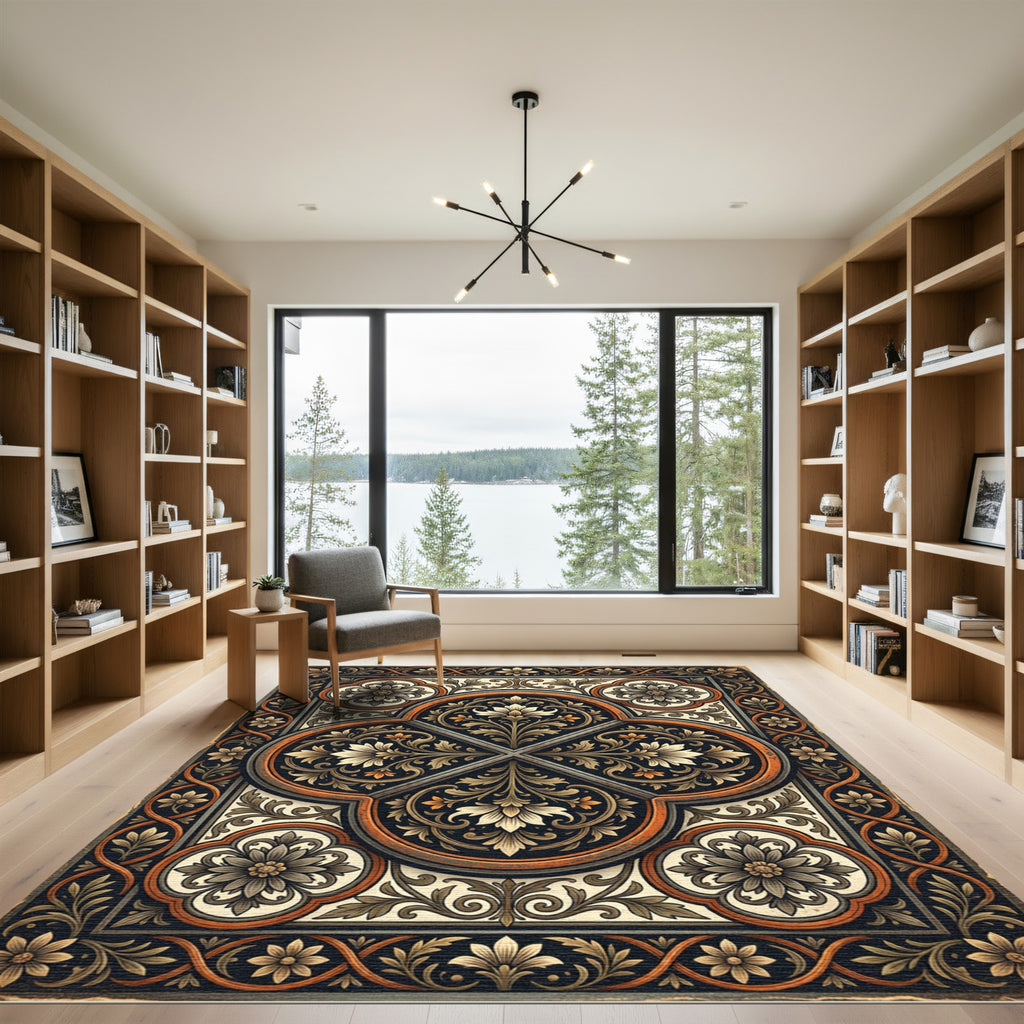 Ornate Black Gold Floral Quadrant Rug