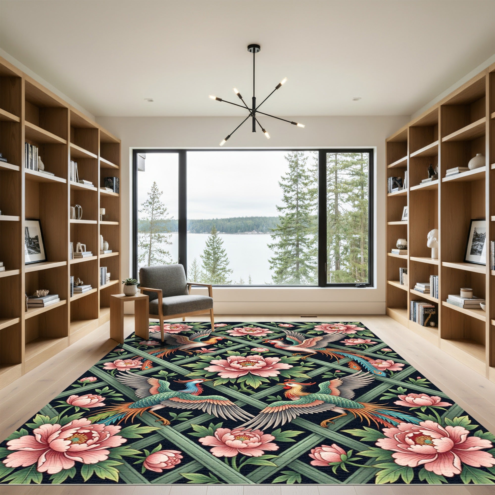 Floral Peony and Phoenix Lattice Rug