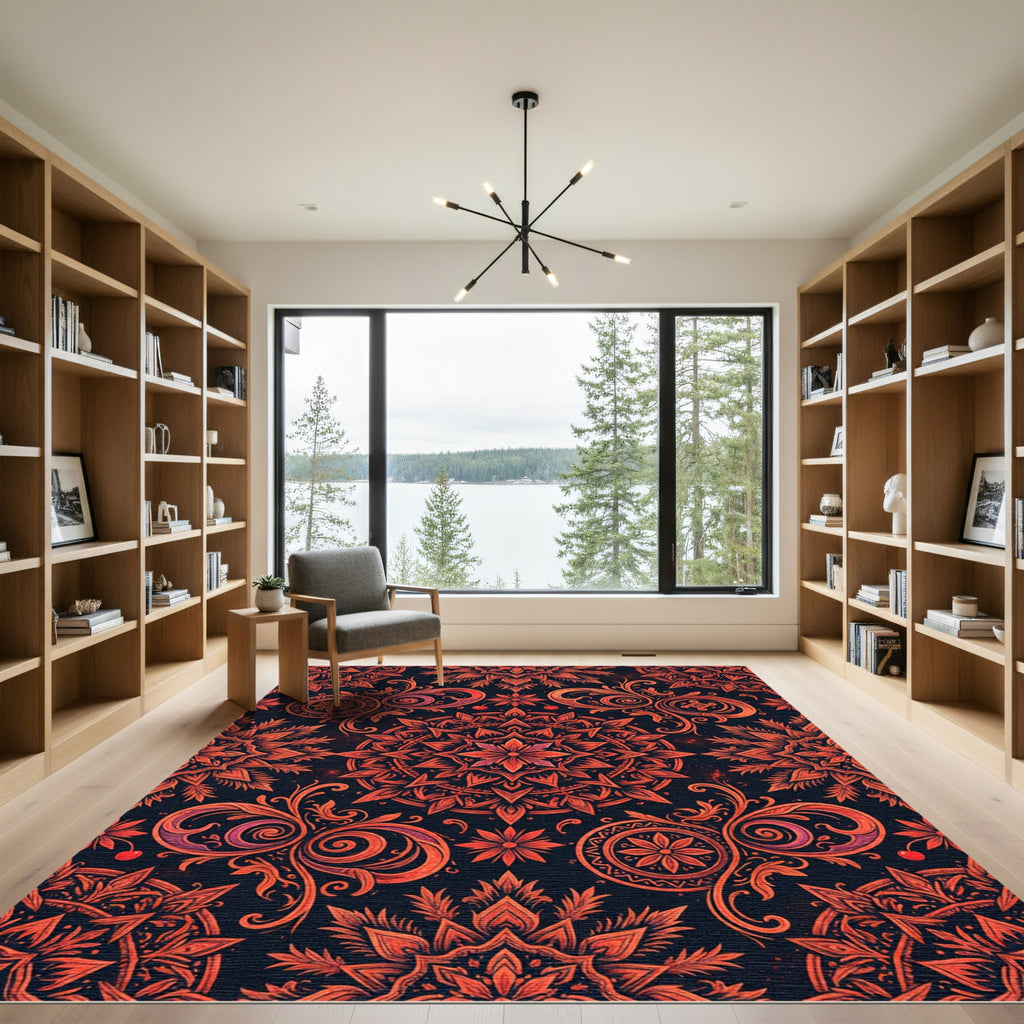 Deep Red Floral Mandala Arrangement Rug