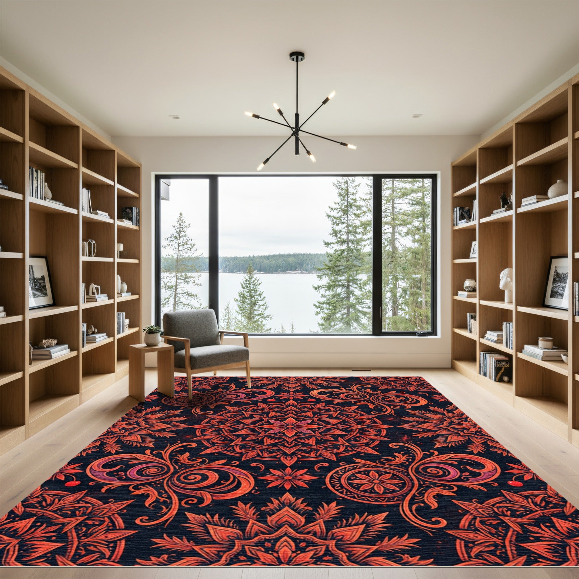 Deep Red Floral Mandala Arrangement Rug